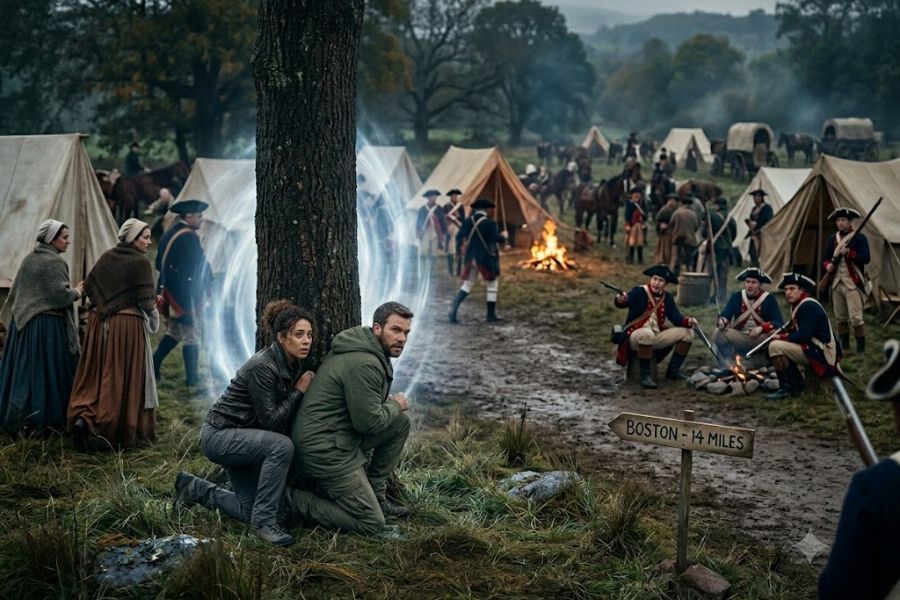 Two modern travelers crouch beside a glowing portal in the middle of an eighteenth century military encampment filled with tents, soldiers, campfires, and wagons. This dramatic scene from a historical fantasy series blends time travel and history, making it representative of popular TV shows that combine adventure, mystery, and period drama.