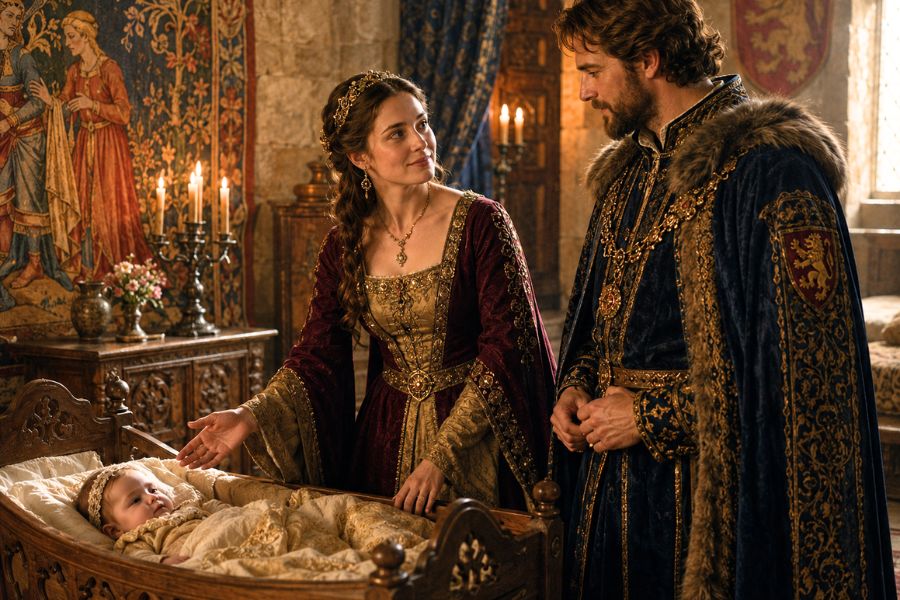 A noblewoman in a burgundy and gold gown gestures toward a sleeping baby in an ornate wooden cradle while a richly dressed nobleman looks on. The candlelit stone chamber and royal clothing evoke the world behind traditional medieval girls names.