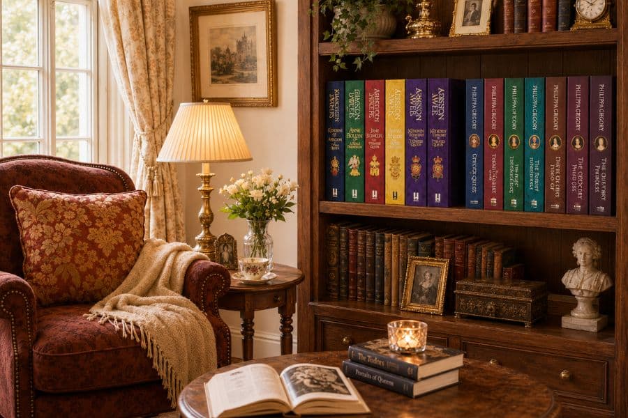 A collection of books on a shelf by Alison Weir and Philippa Gergory in a cosy lounge