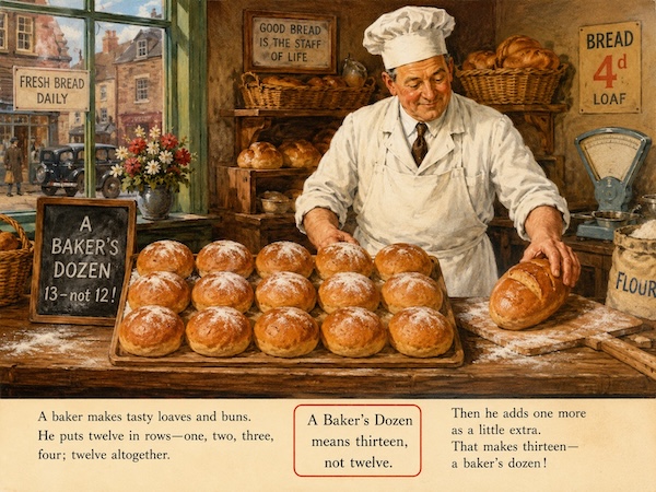 Vintage illustrated bakery page showing a baker arranging thirteen loaves on a flour covered counter to explain a baker’s dozen. Visible text says “Fresh bread daily.” “Good bread is the staff of life.” “Bread 4d loaf.” “A baker’s dozen 13 not 12.” “A baker makes tasty loaves and buns. He puts twelve in rows one two three four twelve altogether. A Baker’s Dozen means thirteen not twelve. Then he adds one more as a little extra. That makes thirteen a baker’s dozen.”
