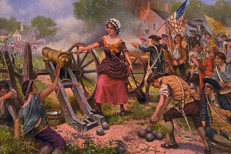 A woman stands beside a cannon during a Revolutionary War battle as soldiers fire behind her. Washington's Army and colonial flags fill the smoky scene.