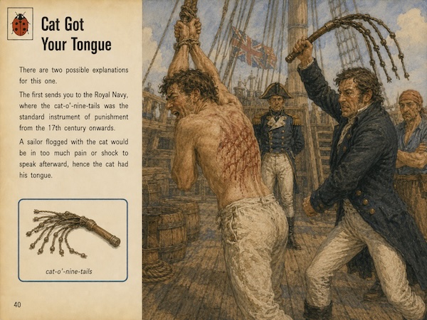 Illustrated book page about the phrase cat got your tongue with a naval officer whipping a sailor on a ship deck and a small diagram of a cat o nine tails. Visible text says “Cat Got Your Tongue.” “There are two possible explanations for this one. The first sends you to the Royal Navy where the cat o nine tails was the standard instrument of punishment from the 17th century onwards. A sailor flogged with the cat would be in too much pain or shock to speak afterward hence the cat had his tongue.” “cat o nine tails.” “40.”