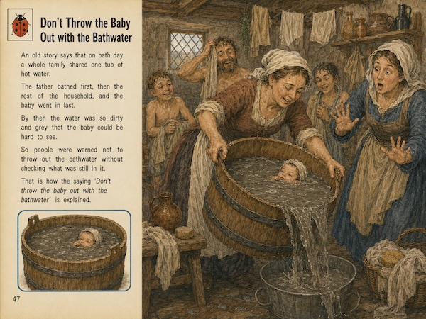 Illustrated book page about the phrase don’t throw the baby out with the bathwater showing a woman pouring dirty bathwater from a wooden tub while a baby peeks out. Visible text says “Don’t Throw the Baby Out with the Bathwater.” “An old story says that on bath day a whole family shared one tub of hot water. The father bathed first then the rest of the household and the baby went in last. By then the water was so dirty and grey that the baby could be hard to see. So people were warned not to throw out the bathwater without checking what was still in it. That is how the saying Don’t throw the baby out with the bathwater is explained.” “47.”