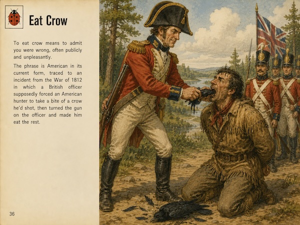 Illustrated page explaining one of the medieval phrases eat crow with a British officer forcing a kneeling hunter to bite a crow while soldiers stand behind him. Visible text says “Eat Crow.” “To eat crow means to admit you were wrong often publicly and unpleasantly. The phrase is American in its current form traced to an incident from the War of 1812 in which a British officer supposedly forced an American hunter to take a bite of a crow he’d shot then turned the gun on the officer and made him eat the rest.”
