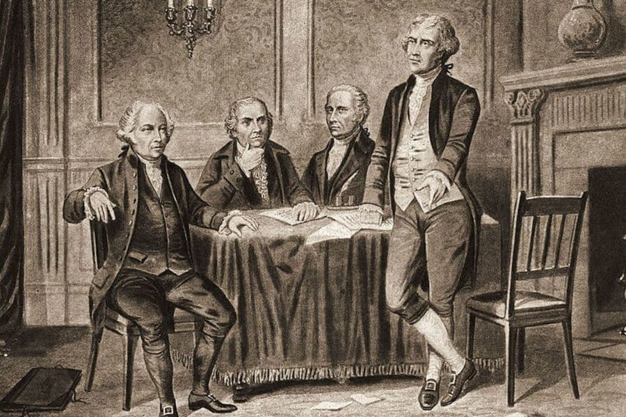 Four of the Founding Fathers: John Adams, Robert Morris, Alexander Hamilton and Thomas Jefferson.