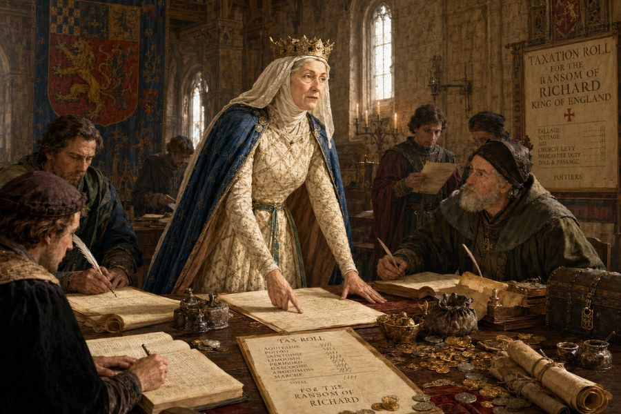 A crowned queen points to a tax roll while clerks record payments and count piles of coins inside a medieval stone hall. A wall notice reads "Taxation Roll. For the Ransom of Richard. King of England. Tallage. Scutage. Aid. Church Levy. Mercantile Duty. Toll and Passage. Poitiers." A document on the table reads "Tax Roll. Total. For the Ransom of Richard." Smaller entries are too blurred to read.