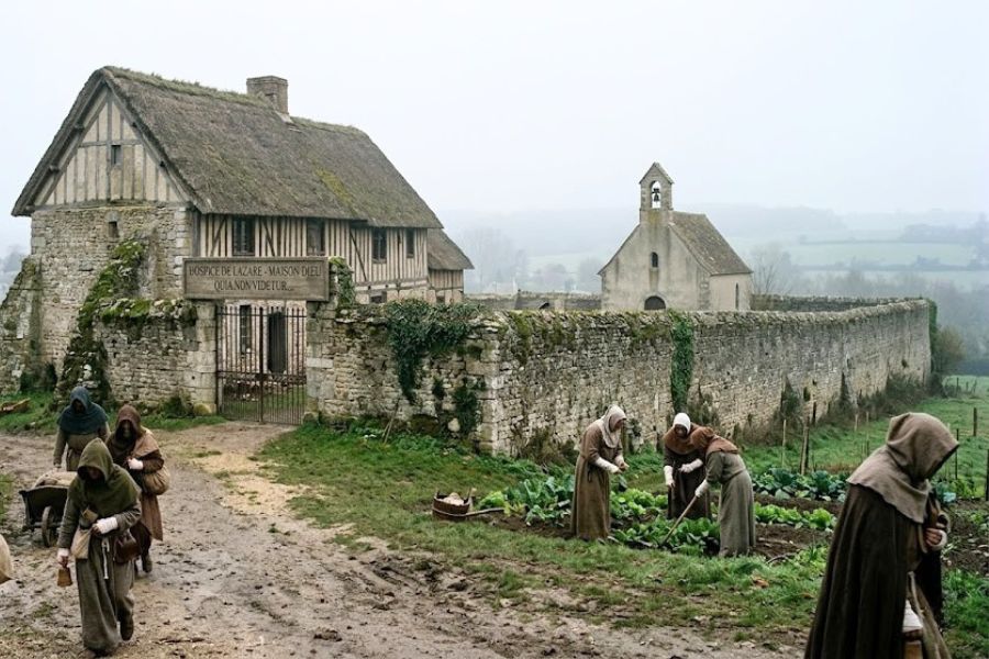Hooded residents with bandaged hands walk and tend vegetables outside a walled medieval hospice for lepers. A partially legible sign above the gate reads "Hospice de Lazare. Maison Dieu."