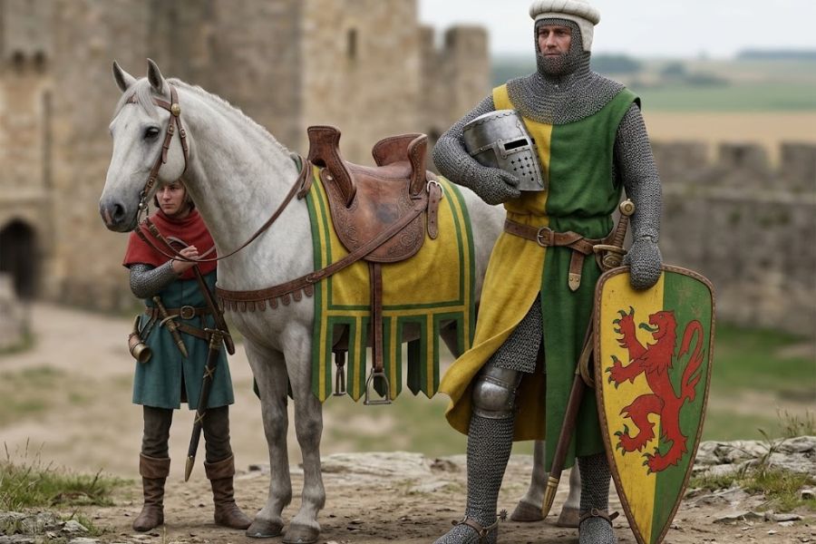 William Marshal portrayed as a medieval knight standing beside a white horse outside a stone castle. He wears chainmail and a green and yellow surcoat while holding a shield with a red lion emblem as a squire stands nearby.