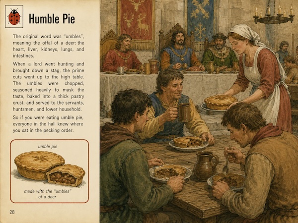 Illustrated page about humble pie showing servants eating at a wooden table while a woman carries a pie and nobles sit at a higher table in the background. Visible text says “Humble Pie.” “The original word was umbles meaning the offal of a deer the heart liver kidneys lungs and intestines. When a lord went hunting and brought down a stag the prime cuts went up to the high table. The umbles were chopped seasoned heavily to mask the taste baked into a thick pastry crust and served to the servants huntsmen and lower household. So if you were eating umble pie everyone in the hall knew where you sat in the pecking order.” “umble pie.” “made with the umbles of a deer.” “28.”