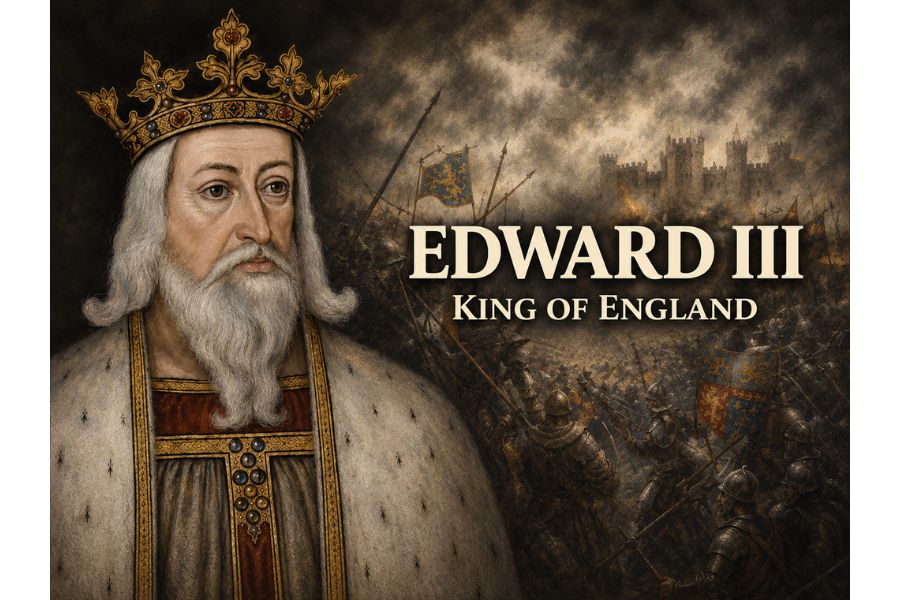 Historical illustration of Edward III alongside a battlefield scene filled with armored soldiers and castle walls. The image highlights Edward III's role as King of England and his association with major military campaigns during the Middle Ages. Text includes "Edward III King of England".