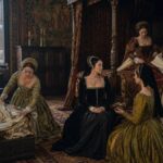 5 Ladies-in-waiting serving a Medieval Queen in her bedchamber