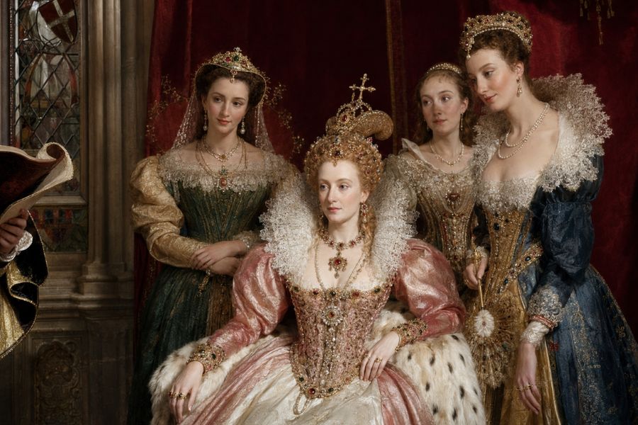 A crowned queen in a jeweled pink gown sits before deep red curtains while three richly dressed court ladies stand beside her. One woman holds a feather fan as the group listens to a document being read nearby.