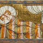 Medieval manuscript illustration showing a couple lying together in a curtained bed beneath a patterned blanket with a gold background. The artwork provides historical context for discussions of intimacy and medieval contraception in European society.