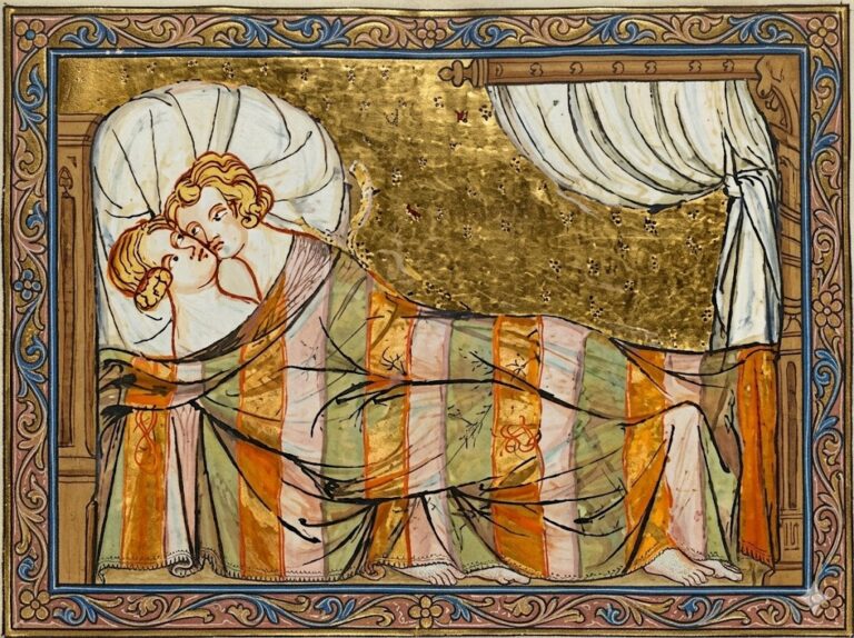 Medieval manuscript illustration showing a couple lying together in a curtained bed beneath a patterned blanket with a gold background. The artwork provides historical context for discussions of intimacy and medieval contraception in European society.