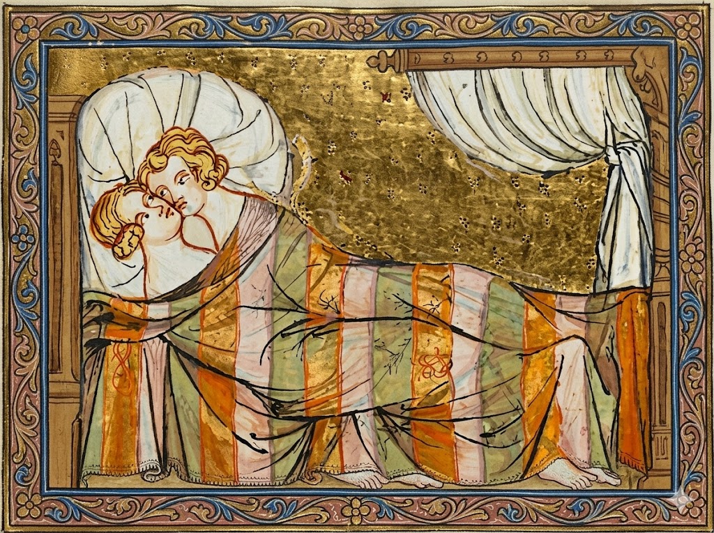 Medieval manuscript illustration showing a couple lying together in a curtained bed beneath a patterned blanket with a gold background. The artwork provides historical context for discussions of intimacy and medieval contraception in European society.