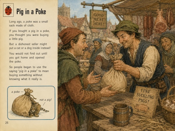 Illustrated market page about the phrase pig in a poke showing a seller handing a tied sack to a buyer while meat and suckling pigs are advertised nearby. Visible text says “Pig in a Poke.” “Long ago a poke was a small sack made of cloth. If you bought a pig in a poke you thought you were buying a little pig. But a dishonest seller might put a cat or a dog inside instead. You would not find out until you got home and opened the poke. So people began to use the saying pig in a poke to mean buying something without knowing what it really is.” “Good meat here.” “Fine suckling pigs.” “a poke.” “not a pig.” “25.”
