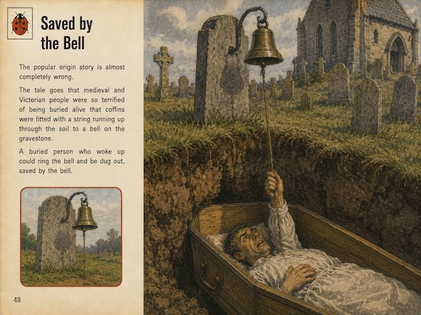 Illustrated page about saved by the bell showing a frightened man lying in a coffin and pulling a string connected to a bell above his grave. Visible text says “Saved by the Bell.” “The popular origin story is almost completely wrong. The tale goes that medieval and Victorian people were so terrified of being buried alive that coffins were fitted with a string running up through the soil to a bell on the gravestone. A buried person who woke up could ring the bell and be dug out saved by the bell.” “48.”