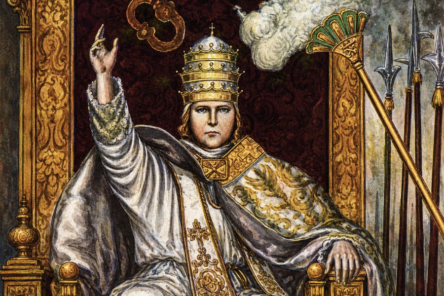 A crowned pope sits on an ornate golden throne while raising one hand in blessing. Ceremonial staffs and clouds of incense surround him to emphasize papal authority and ritual.