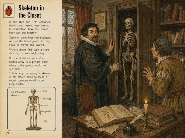 Illustrated page about skeleton in the closet showing a doctor revealing a hidden skeleton inside a cabinet to a startled visitor. Visible text says “Skeleton in the Closet.” “In the 16th and 17th centuries doctors and learned men wanted to understand how the human body was put together. Some of them kept real skeletons with all the bones joined so they could be moved and studied. Visitors might find such a sight shocking or even frightening. So the skeletons were often hidden away in a private closet where polite guests would not see them. This is why the saying a skeleton in the closet came to mean a secret someone would rather keep hidden.” “An articulated skeleton.” “skull.” “rib cage.” “arm.” “pelvis.” “leg.”