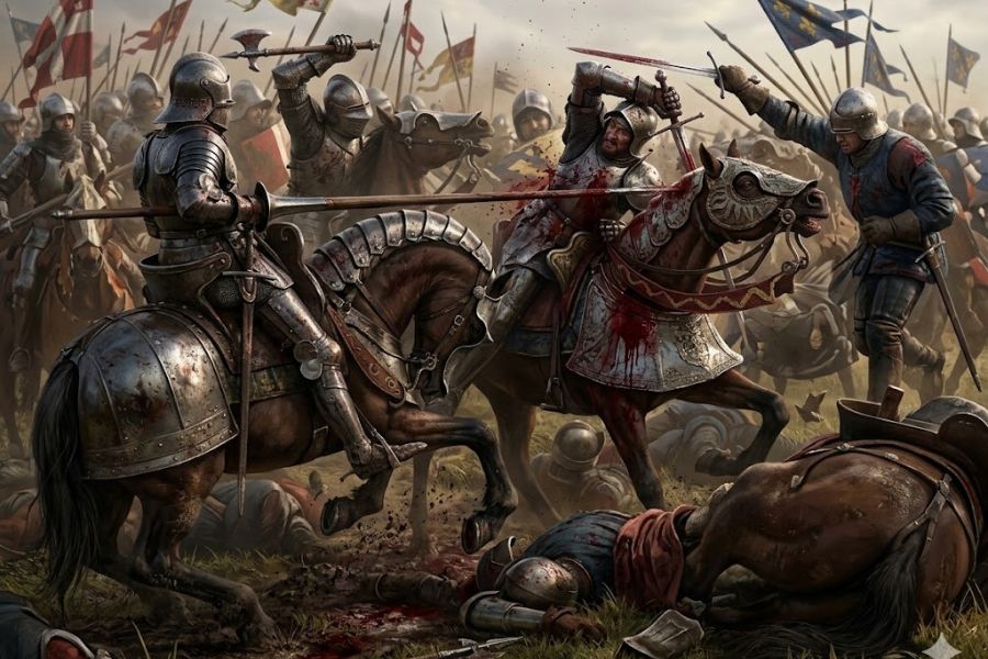 Dramatic depiction of mounted knights and infantry engaged in close combat during the Battle of Bosworth. Armored soldiers clash with swords and spears while horses charge through a crowded medieval battlefield.