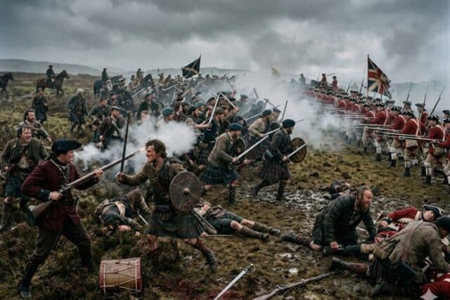 Dramatic recreation of the Battle of Culloden showing Highland warriors charging across a muddy battlefield toward British government troops lined up with muskets. Smoke from gunfire fills the air as soldiers clash in close combat, illustrating the final and decisive battle of the Jacobite Rising at Culloden Moor in 1746.