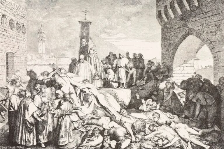 Historical engraving of the Black Death showing clergy conducting funeral rites beside heaps of bodies outside a fortified medieval city. Grieving survivors gather among the dead while a religious banner and cross rise above the crowd.