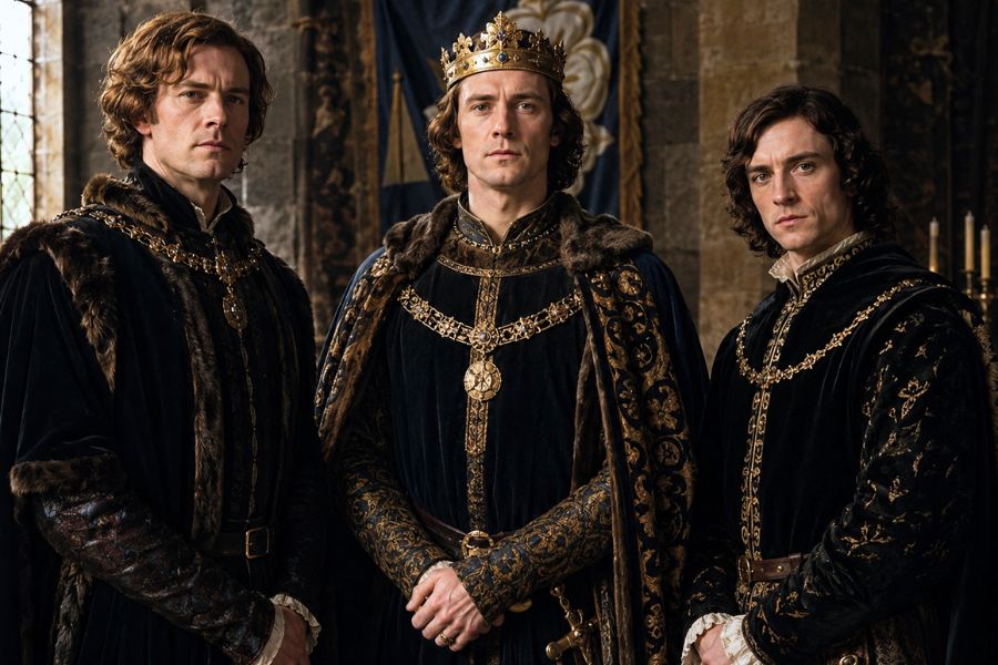 Three men portraying Plantagenets stand inside a medieval stone hall wearing black velvet robes with ornate gold embroidery and fur trim. The man in the center wears a jeweled gold crown while all three face the camera with serious expressions.