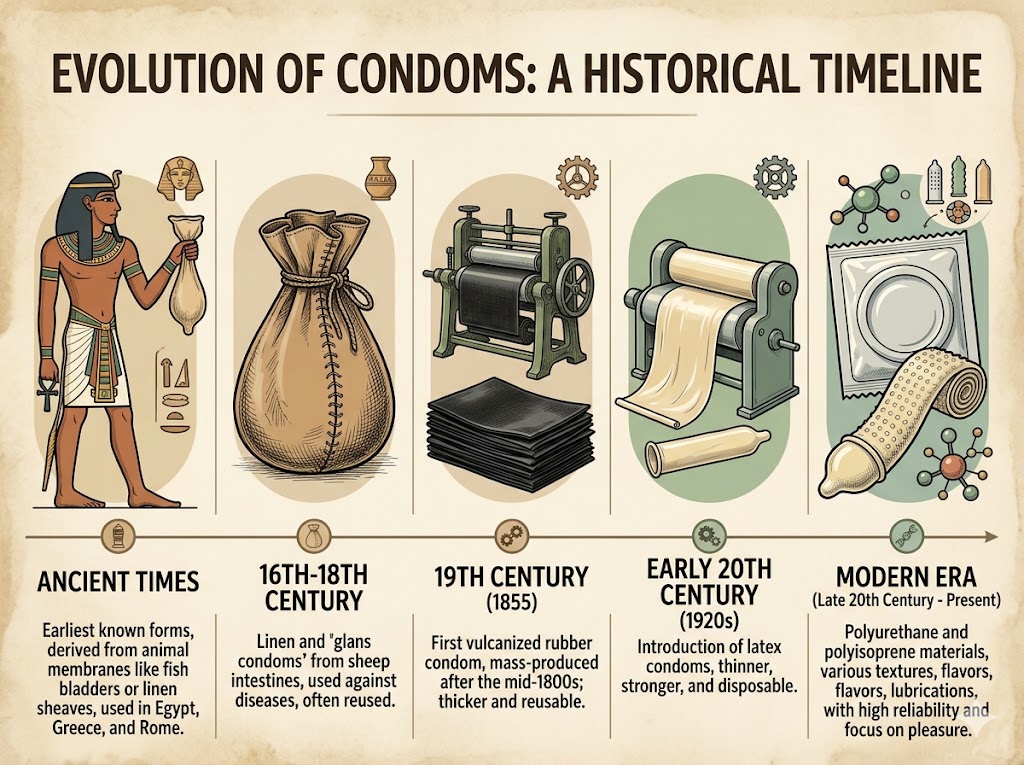 Infographic titled "EVOLUTION OF CONDOMS. A HISTORICAL TIMELINE." The graphic shows "ANCIENT TIMES" with earliest known forms made from animal membranes such as fish bladders or linen sheaths used in Egypt, Greece, and Rome. "16TH-18TH CENTURY" with linen and "glans condoms" made from sheep intestines used against diseases and often reused. "19TH CENTURY (1855)" with the first vulcanized rubber condom mass produced after the mid 1800s. "EARLY 20TH CENTURY (1920s)" with the introduction of latex condoms that were thinner stronger and disposable. "MODERN ERA (Late 20th Century - Present)" with polyurethane and polyisoprene materials various textures flavors lubricants and a focus on reliability and pleasure. The timeline helps explain how medieval contraception methods evolved into modern barrier protection.