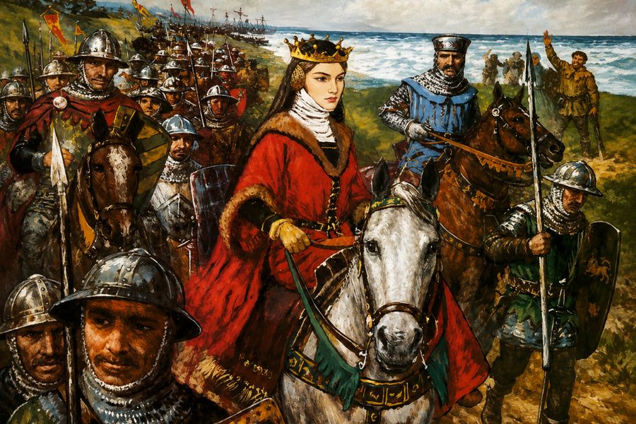 Artistic depiction of a royal procession with a crowned noblewoman on horseback surrounded by armored soldiers and banners. The scene represents the courtly and military world associated with Edward III and fourteenth century England.