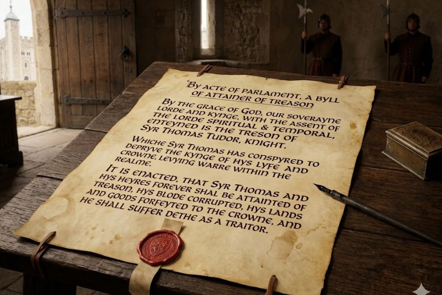 Parchment document sealed with wax and displayed on a wooden table inside a medieval hall. The text describes an act of attainder for treason, illustrating the political struggles and shifting loyalties that characterized the Wars of the Roses.