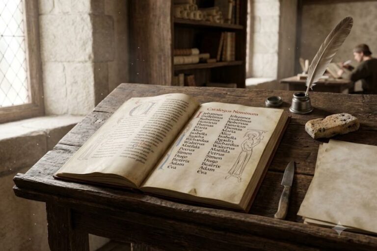 An old wooden desk in a stone building listing medieval baby names with a quill
