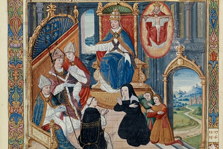 Medieval illuminated manuscript depicting Joan of Arc kneeling before a crowned ruler while bishops and attendants gather around her in an ornate palace setting. Decorative borders frame the scene, and a religious figure appears above, illustrating Joan of Arc's role in the political and spiritual events of fifteenth century France.