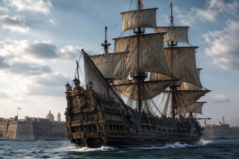 Large wooden sailing ship with billowing sails moves across the water near fortified harbor walls under a cloudy sky. The vessel evokes the maritime heritage and transatlantic trade associated with Cadiz during the age of sail.