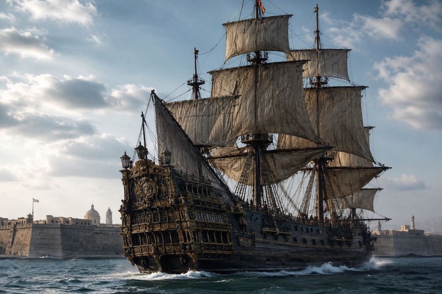 Large wooden sailing ship with billowing sails moves across the water near fortified harbor walls under a cloudy sky. The vessel evokes the maritime heritage and transatlantic trade associated with Cadiz during the age of sail.