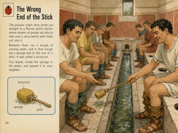 Illustrated page about the phrase the wrong end of the stick showing men in a Roman public latrine using sponge sticks near a shared water trough. Visible text says “The Wrong End of the Stick.” “The popular origin story sends you straight to a Roman public latrine where dozens of people sat side by side over a stone trench with holes cut into it. Between them ran a trough of running water and in that trough sat a sponge tied to the end of a stick. It was called a tersorium. You wiped rinsed the sponge in the water and passed it to your neighbor.” “tersorium.” “sponge.” “stick.” “24.”