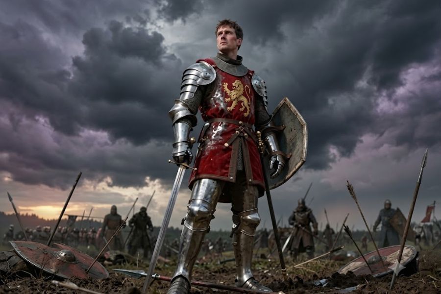 Dramatic portrayal of William Marshal standing on a battlefield in polished armor and a red surcoat bearing a lion emblem. Dark storm clouds gather overhead as soldiers and scattered shields fill the background.