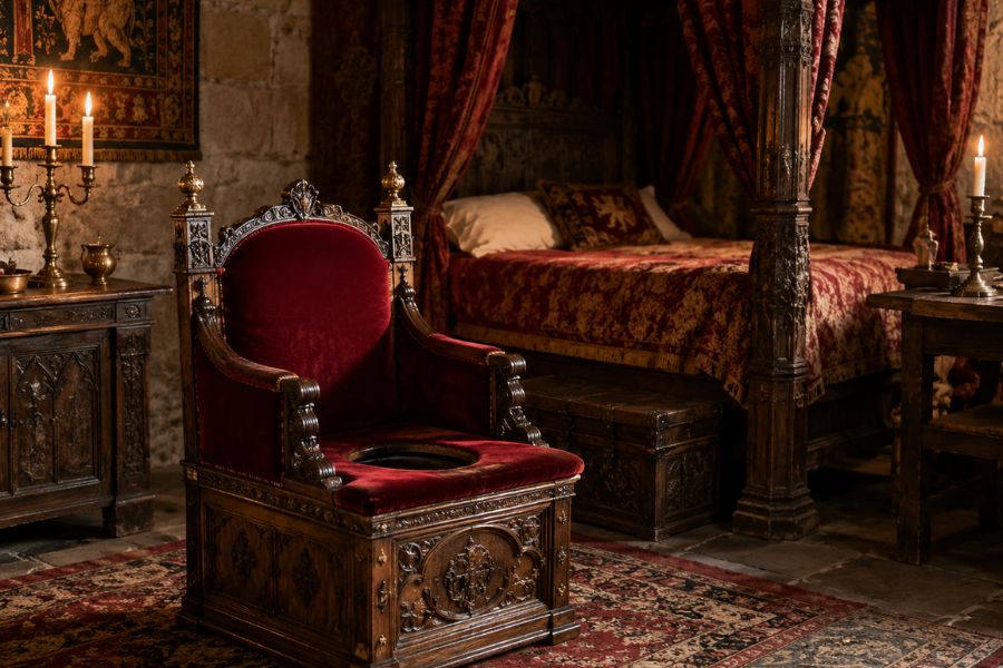 An ornate red velvet commode chair stands beside a carved four poster bed in a candlelit royal chamber. The private setting shows the type of personal space where the groom of the stool served the monarch.