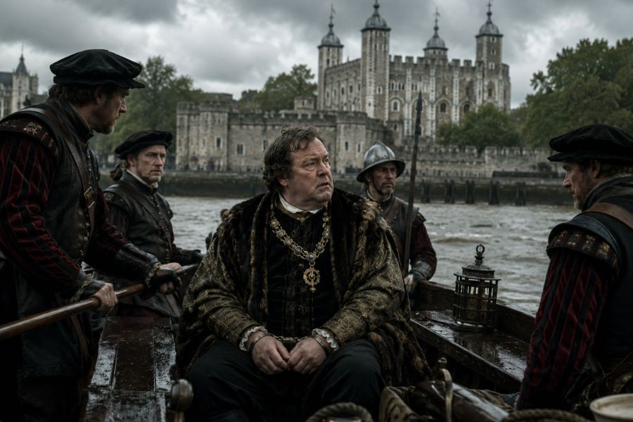 A richly dressed Tudor nobleman sits tensely in a wooden boat surrounded by armed guards on the River Thames. The Tower of London looms beneath storm clouds in a scene evoking Thomas Cromwell fall from power.