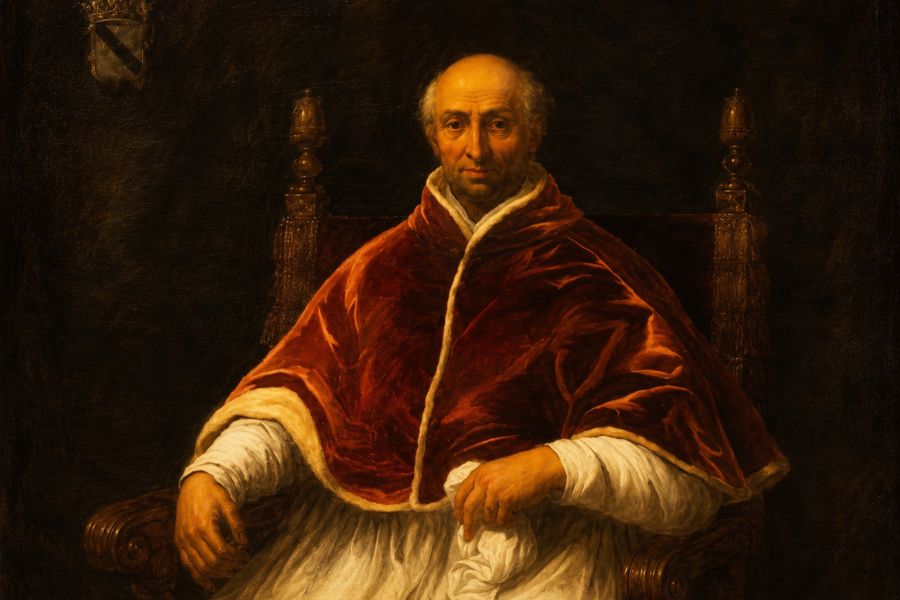 An elderly pope in red and white robes sits upright in a carved wooden chair. The dark background and direct gaze create a formal and solemn portrait.