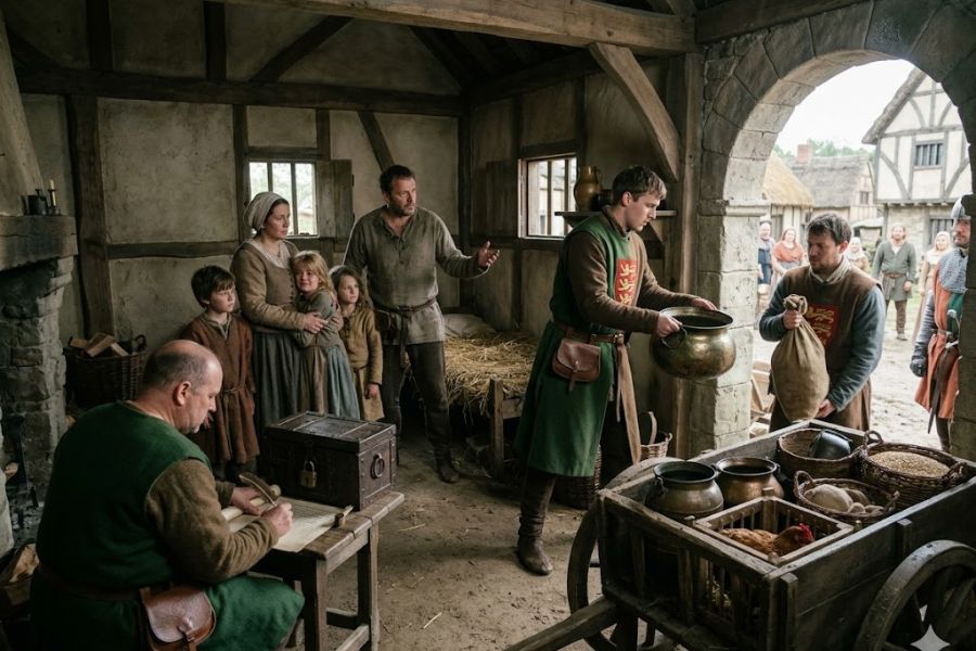 Medieval officials collect food and household goods from a family inside a timber framed home while a clerk records the contribution. A man empties a large cooking pot as payment toward the ransom while villagers watch through the open doorway.