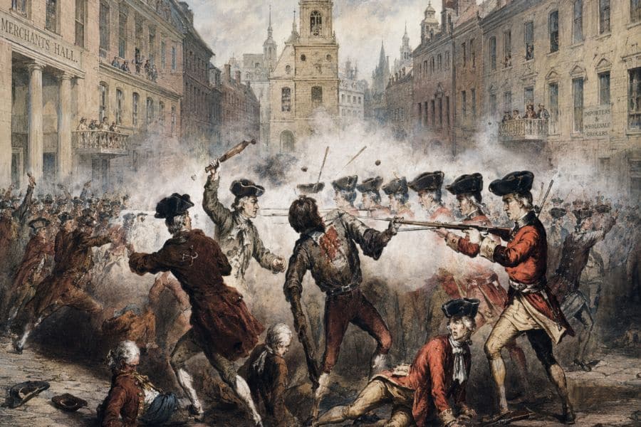 Dramatic illustration of the Boston Massacre with British soldiers firing into a crowd on a smoky city street. Several civilians fall or struggle in the foreground while people watch from balconies.