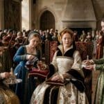 Noblewomen in richly embroidered Tudor era gowns gather in a grand hall while attendants serve food and drink. The scene reflects the royal court culture and aristocratic power struggles that emerged in the aftermath of the Wars of the Roses.