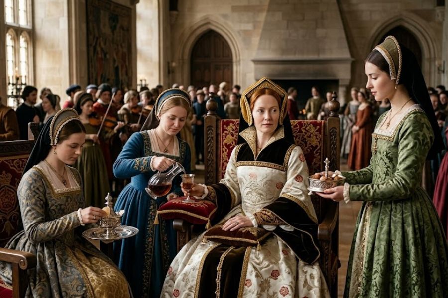 Noblewomen in richly embroidered Tudor era gowns gather in a grand hall while attendants serve food and drink. The scene reflects the royal court culture and aristocratic power struggles that emerged in the aftermath of the Wars of the Roses.