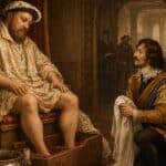A richly dressed attendant kneels with a white cloth before a seated monarch whose bare feet rest inside a wooden basin. The scene depicts the intimate duties associated with the groom of the stool in a Tudor royal household.