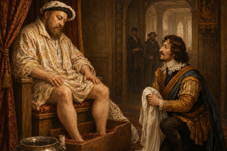 A richly dressed attendant kneels with a white cloth before a seated monarch whose bare feet rest inside a wooden basin. The scene depicts the intimate duties associated with the groom of the stool in a Tudor royal household.