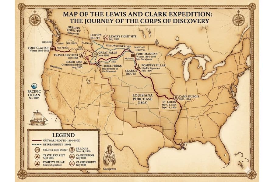 Vintage style map titled "Map of the Lewis and Clark Expedition. The Journey of the Corps of Discovery." It shows the expedition route from St. Louis to the Pacific Ocean with labels including "Louisiana Purchase 1803" and "Sacajawea."