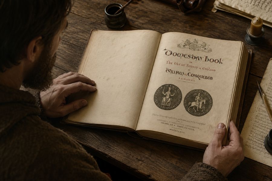 A man studies the title page of an old volume at a wooden desk beside ink parchment and a candle. The page reads "Domesday Book. The Great Survey of England. William the Conqueror. A D MLXXXVI."
