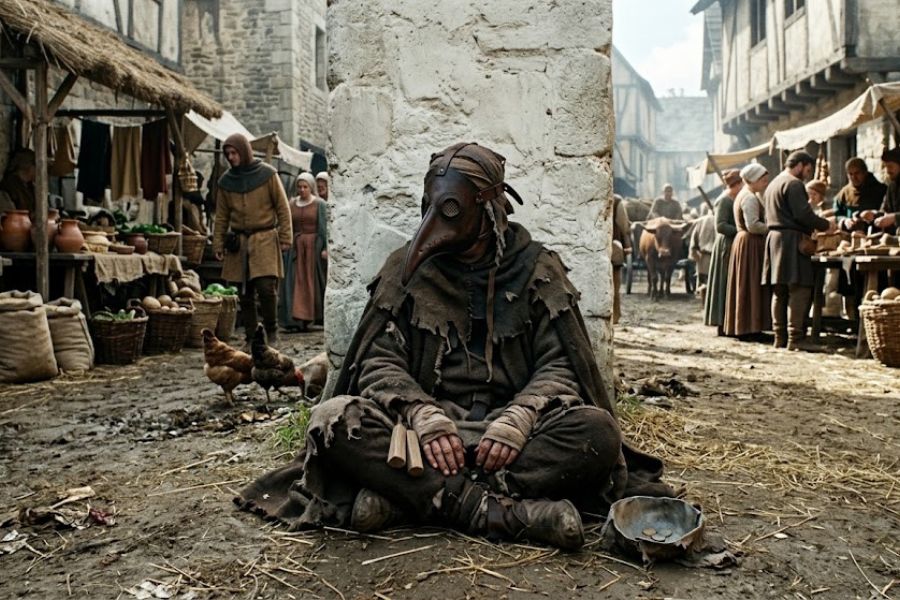 A person wearing a dark beaked mask and ragged clothing sits beside an empty bowl in a crowded medieval marketplace. Merchants and townspeople keep their distance as chickens wander nearby.