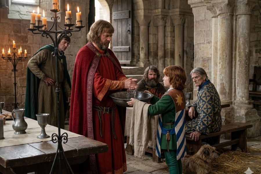 A young attendant in a green and blue tunic holds a metal basin and towel while a nobleman washes his hands in a medieval hall. Other household members watch beside a long table set with metal cups and jugs.