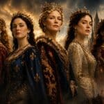 5 Medieval queens stood together in a Hollywood style poster